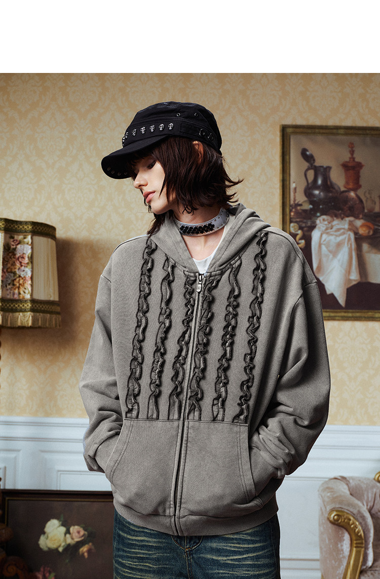 YADcrew Washed Grey Ruffle Zip-Up Hoodie