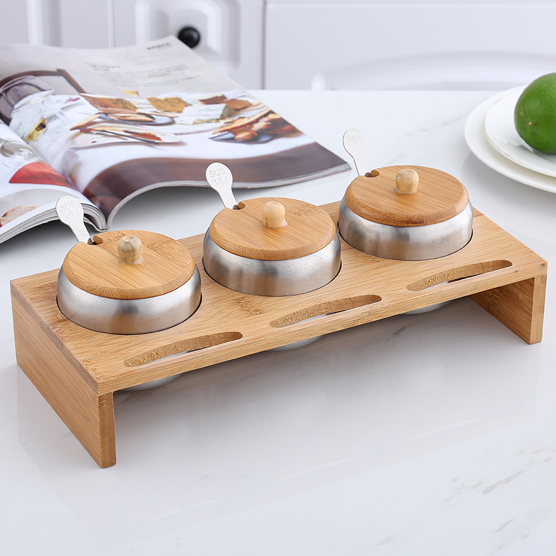 304 stainless steel seasoning tank combination three-flavor set wooden frame seasoning box household kitchen supplies salt jar sugar jar