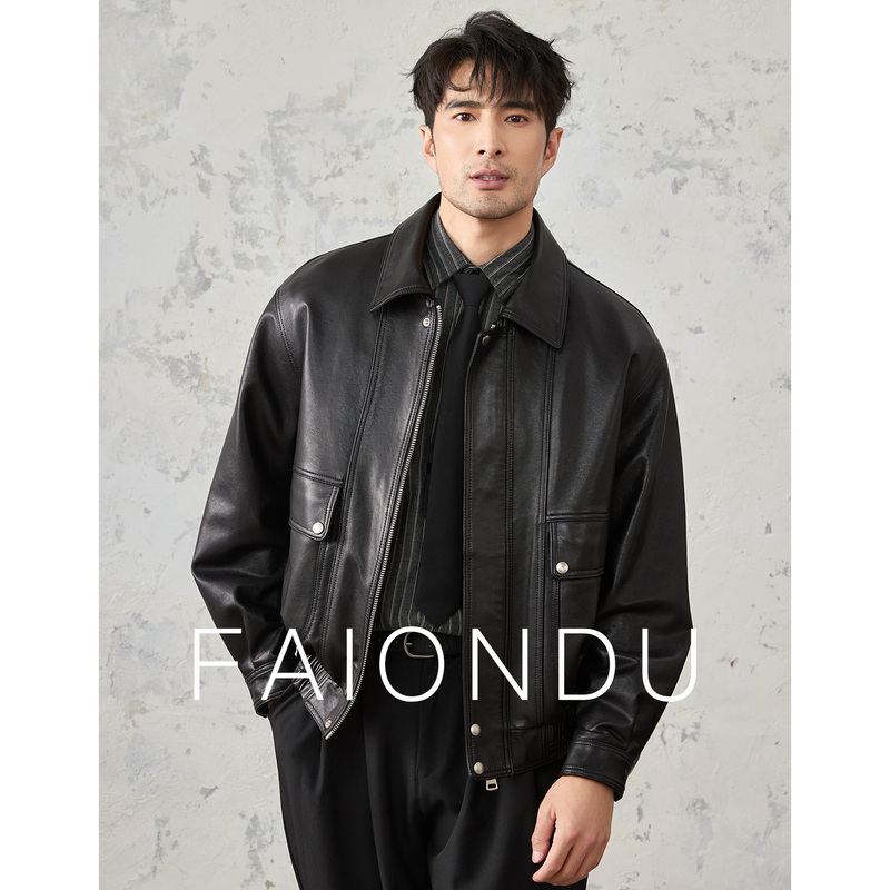 Faiondu Dark Silhouette 2025 New Genuine Leather Jacket for Men, Sheepskin Loose down Light Luxury Retro Jacket