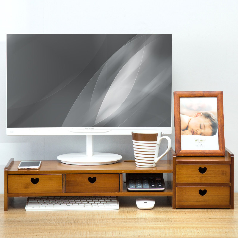 Monitor elevation rack Computer shelf Solid wood office desktop Brown double drawer desktop storage base keyboard