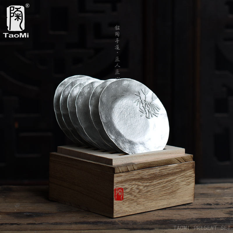 Ceramic fan tin coaster Hand hammer mesh pattern metal teacup pad Japanese cup holder Dry bubble Kung Fu Tea Road spare parts