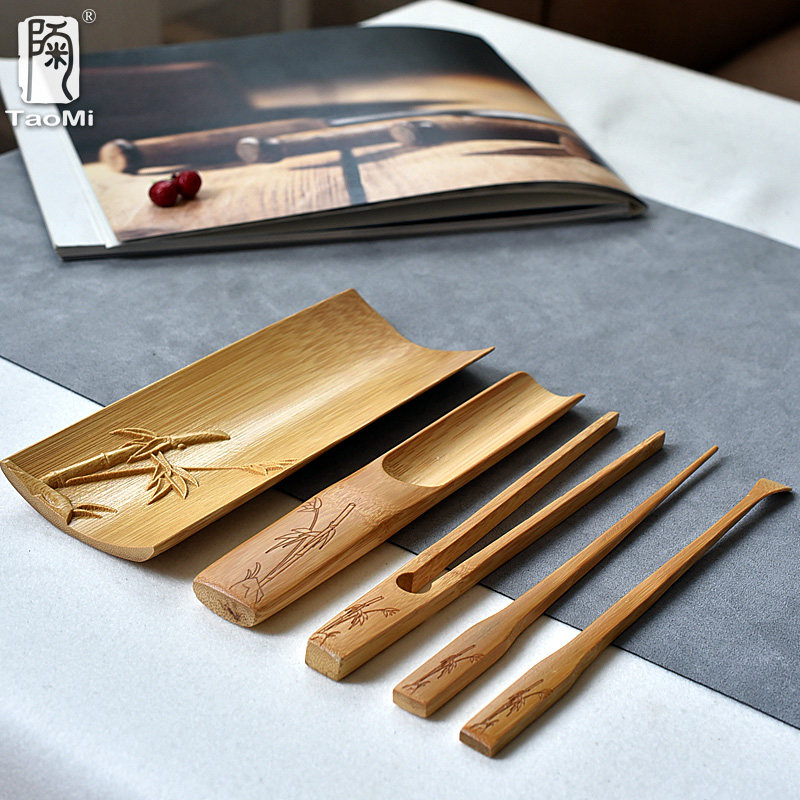 Pottery fans enjoy tea lotus bamboo tea box carved plum blossom natural bamboo tea tea clip tea ceremony tea spoon six gentleman accessories