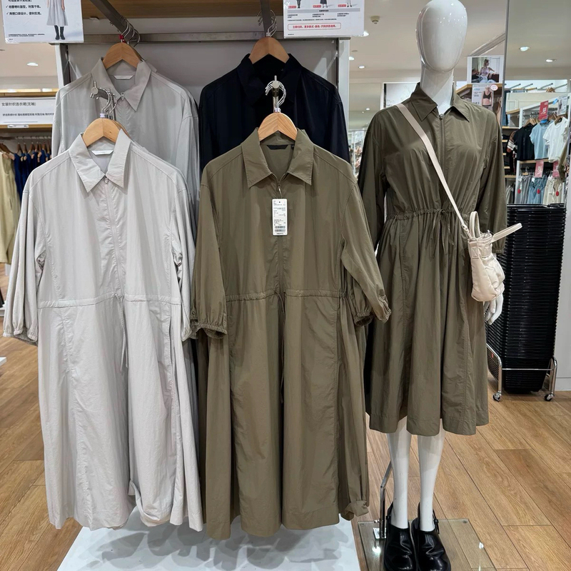 Women's Clothing! Nylon Dress! 7/8 Sleeve Drawstring Casual Simple Long Dress 2025 Autumn New Style 480632