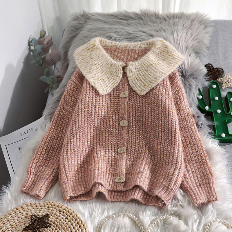 búp bê ngắn cổ áo len mới áo khoác ngọt lỏng phong cách lười biếng sinh dệt kim nữ cardigan của dày