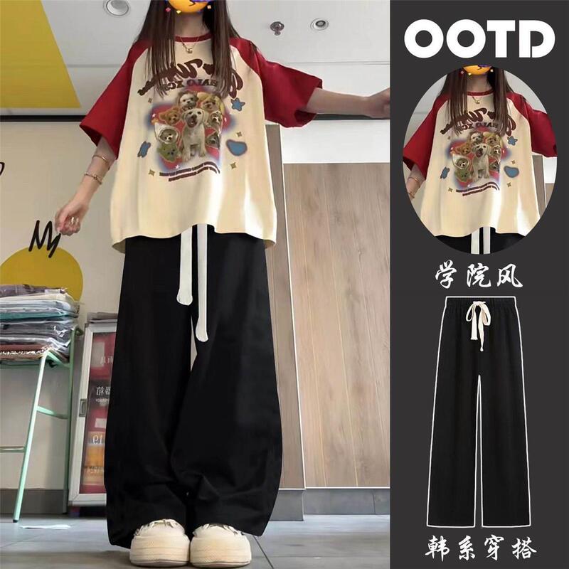 2026 Summer Girls' Trendy Street Style Short-Sleeve T-Shirt Set for Older Children, Super Cute Color-Block Top and Wide-Leg Pants