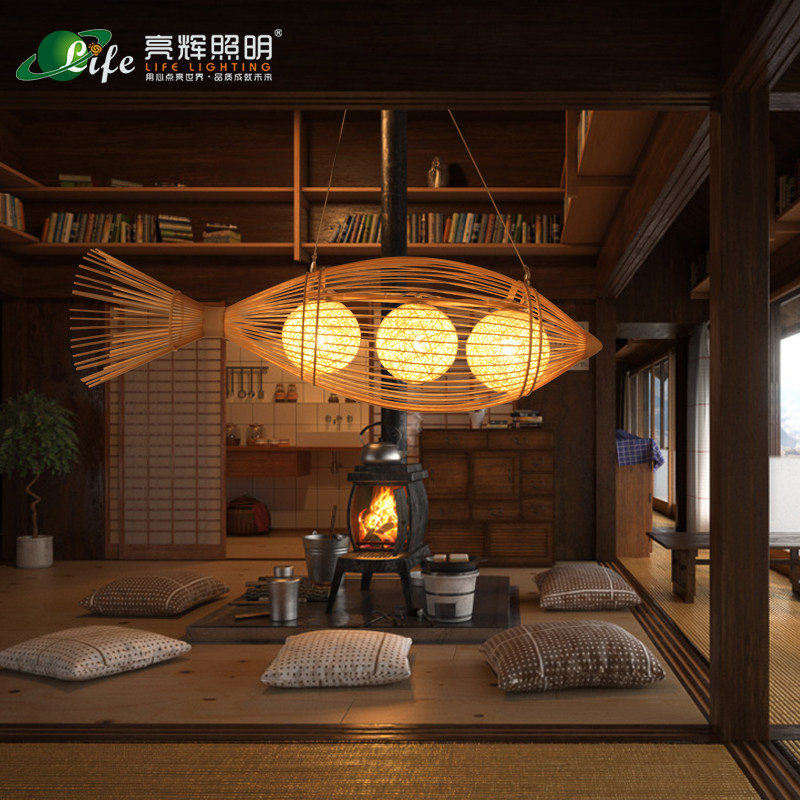 Japanese style bamboo chandelier Chinese pastoral lamp hotel bar creative fish shaped art lamps