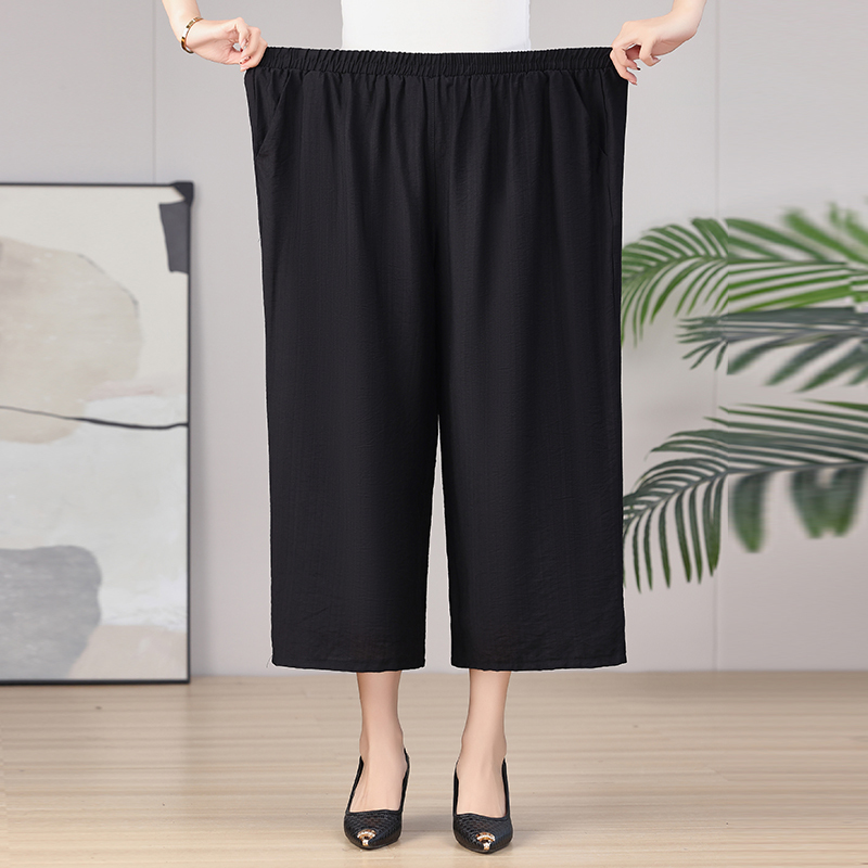 Plus-Size Pants for Overweight Mothers, Extra Large Size, Three-Quarter Length Pants for Middle-Aged and Elderly Women, Summer 100kg Loose Elastic Waist Pants for Chubby Grandmothers