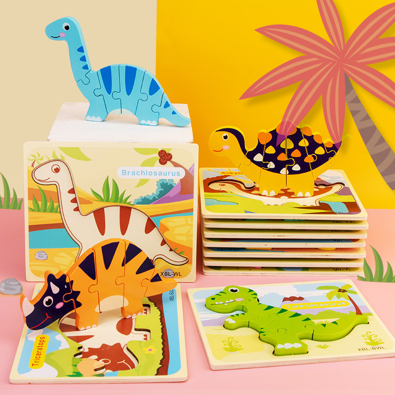 Dinosaur solid wooden jigsaw puzzle children early education Puzzle Cartoon stickers Assemble Bully Dragon Cartoon Boy Toys-Taobao