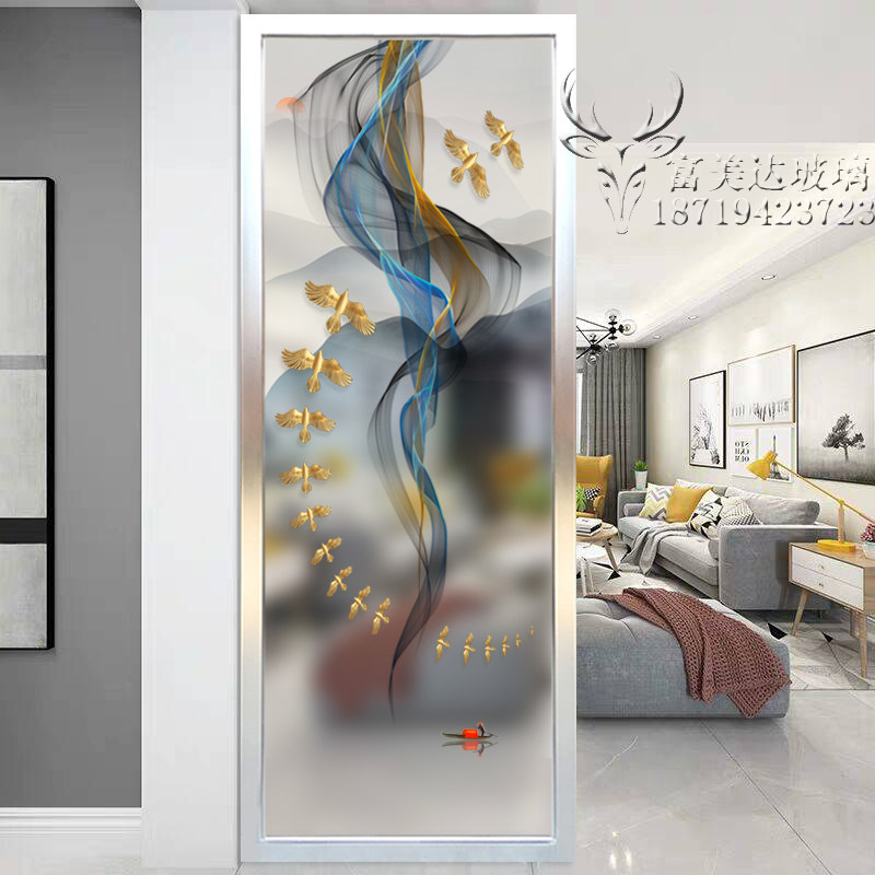 Light and luxurious double-sided steel frosted light transmission screen art glass partition Xuanguan cabinet New Chinese 3D Abstract landscape painting