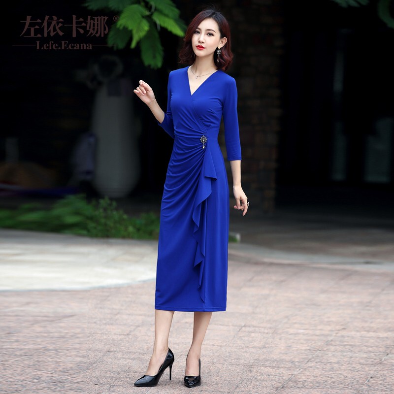 European and American Spring New Style V Neck Ruffled Elastic Slim Fit Elegant Dress Evening Dress Banquet Long Dress Plus Size