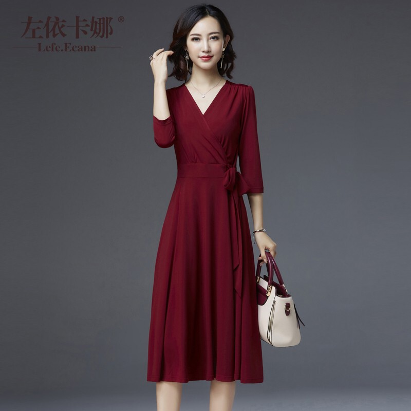 Clearance Sale Spring/Summer New V-Neck Elegant Waist-Cinching Slimming Dress Mid-Length A-Line Long Dress Red