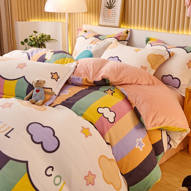 Winter Thickened Cartoon Milk Coral Suede Bed Four Pieces Flange Suede Quilt Cover Bifacial Plus Suede Three-piece Bed Group