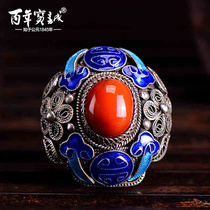 Centennial Baocheng South Red Agate pinched silk high temperature enamel silver ring 925 sterling silver National style handmade silver ring