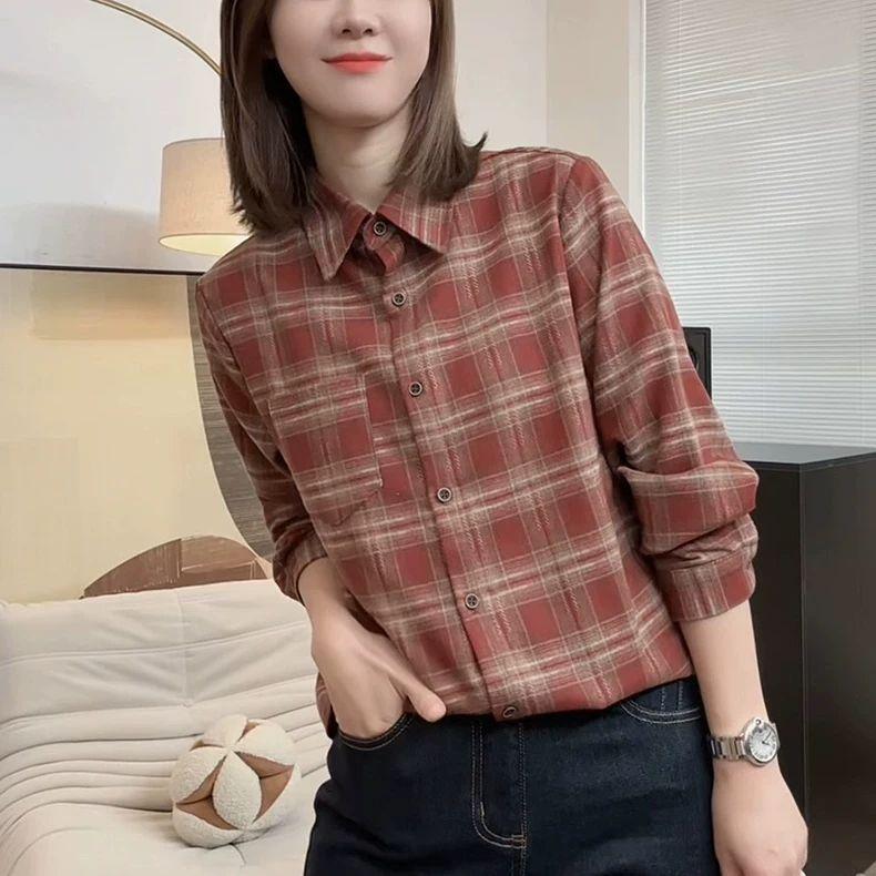 Long-Sleeved Brushed Plaid Inner Shirt for Women, New Spring and Autumn 2025 Shirt, Super Stylish and Trendy Red Plaid Top