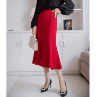 Vẻ đẹp tuyệt vời! Vải Hàn Quốc nhập khẩu màu đỏ giữa váy đuôi cá váy ngắn màu đen váy midi ## - Váy