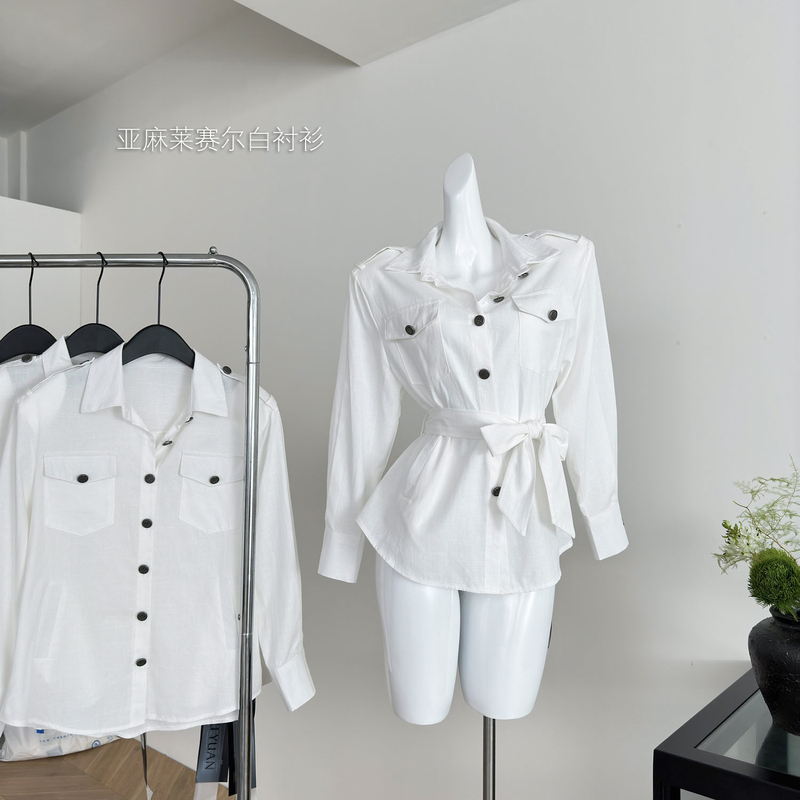 Miyu LAOSHU Linen Lyocell White Shirt Right Shoulder Strap Shoulder Pads Multi-Pocket Metal Handmade Buckle 2025 New Style for Women