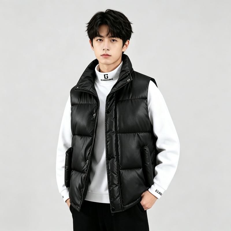 Autumn and Winter New Style down Cotton Vest for Men, Cold-Proof and Warm Vest, Youth Pu Leather Vest, Thickened Jacket Autumn and Winter New Style down Cotton Vest for Men, Cold-Proof and Warm Vest, Youth Pu Leather Vest, Thickened Jacket