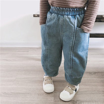 Crooked girl Korean childrens clothing velvet thickened retro washed buffalo wide leg pants Childrens winter Korean trousers men and women