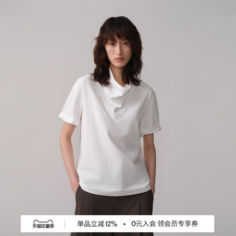 Opicloth/Opic Slightly Wrinkled Textured Swing Collar Rolled Sleeves Loose and Versatile Casual Short-Sleeved T-Shirt Opicloth/Opic Slightly Wrinkled Textured Swing Collar Rolled Sleeves Loose and Versatile Casual Short-Sleeved T-Shirt