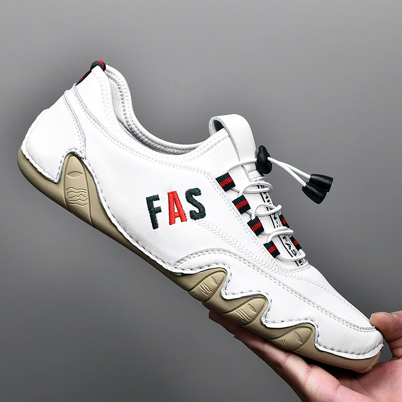 Soft Sole Peas Shoes Men's Leather Elastic Band Breathable Sports Leisure White Shoes Trend Color Matching Outdoor Men's Travel Shoes