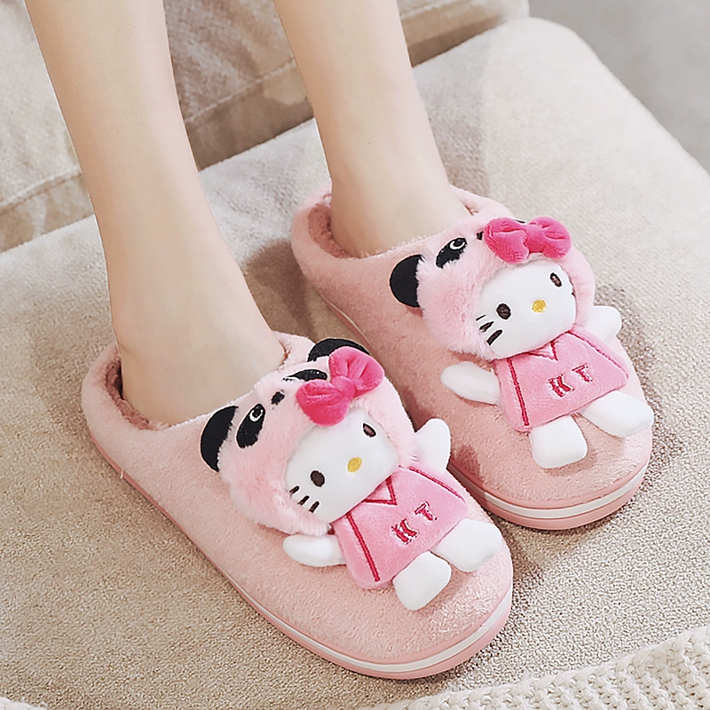 Dép cotton nữ mùa đông nhà chống trượt dày đáy ấm dễ thương Hello Kitty cha mẹ trẻ em dép mùa đông - Trang chủ