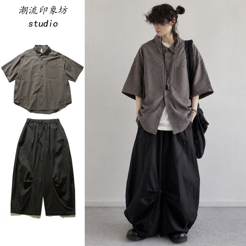 Two-Piece Set/Japanese Retro Plaid Short-Sleeved Shirt for Men and Women, Summer Unisex Loose-Fitting Workwear Shirt
