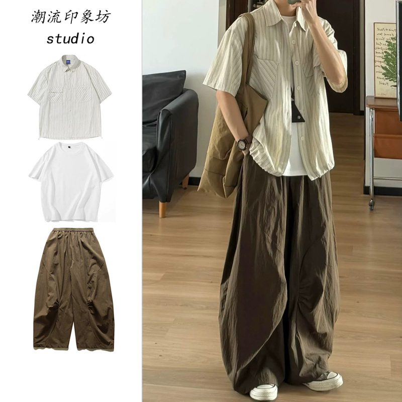 Three-Piece Set/Japanese Retro Striped Short-Sleeve Shirt for Men and Women, Summer Thin Loose Versatile Workwear Casual Shirt