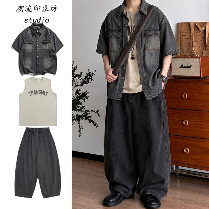 Three-Piece Set/Summer Vintage Washed Distressed Short-Sleeve Denim Shirt for Men and Women, College Style Workwear Pocket Shirt Three-Piece Set/Summer Vintage Washed Distressed Short-Sleeve Denim Shirt for Men and Women, College Style Workwear Pocket Shirt