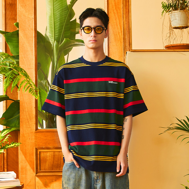 NGOARMY RETRO IVY SHORT SLEEVE TEE STRIPED LOVERS T-SHIRT COTTON SUMMER LOOSE HALF SLEEVE CITYBOY LITTLE CROWDSOURCED