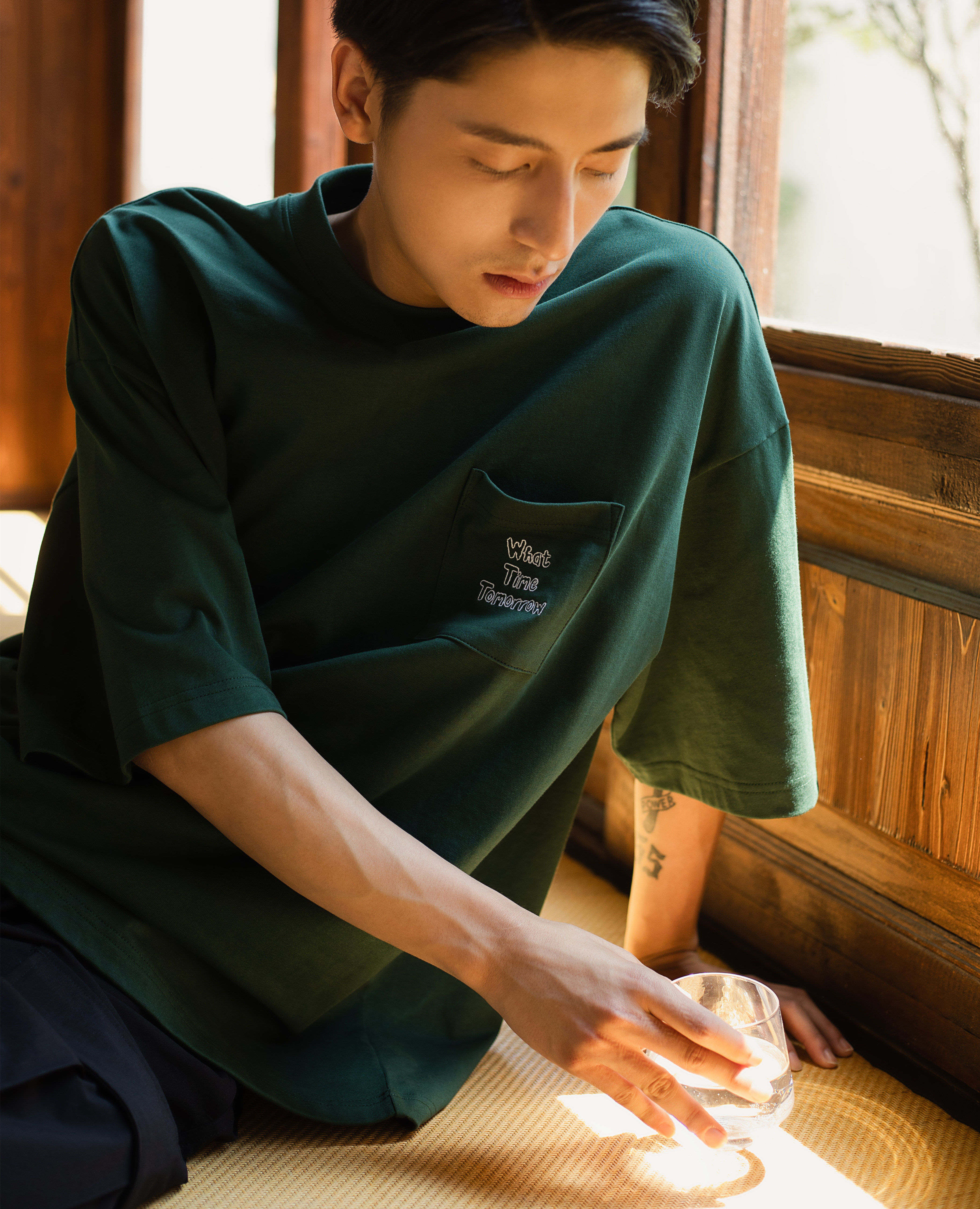 NGOARMY x What time tomorrow series fun pocket short-sleeved Guochao pure cotton men's solid color summer print round neck T-shirt