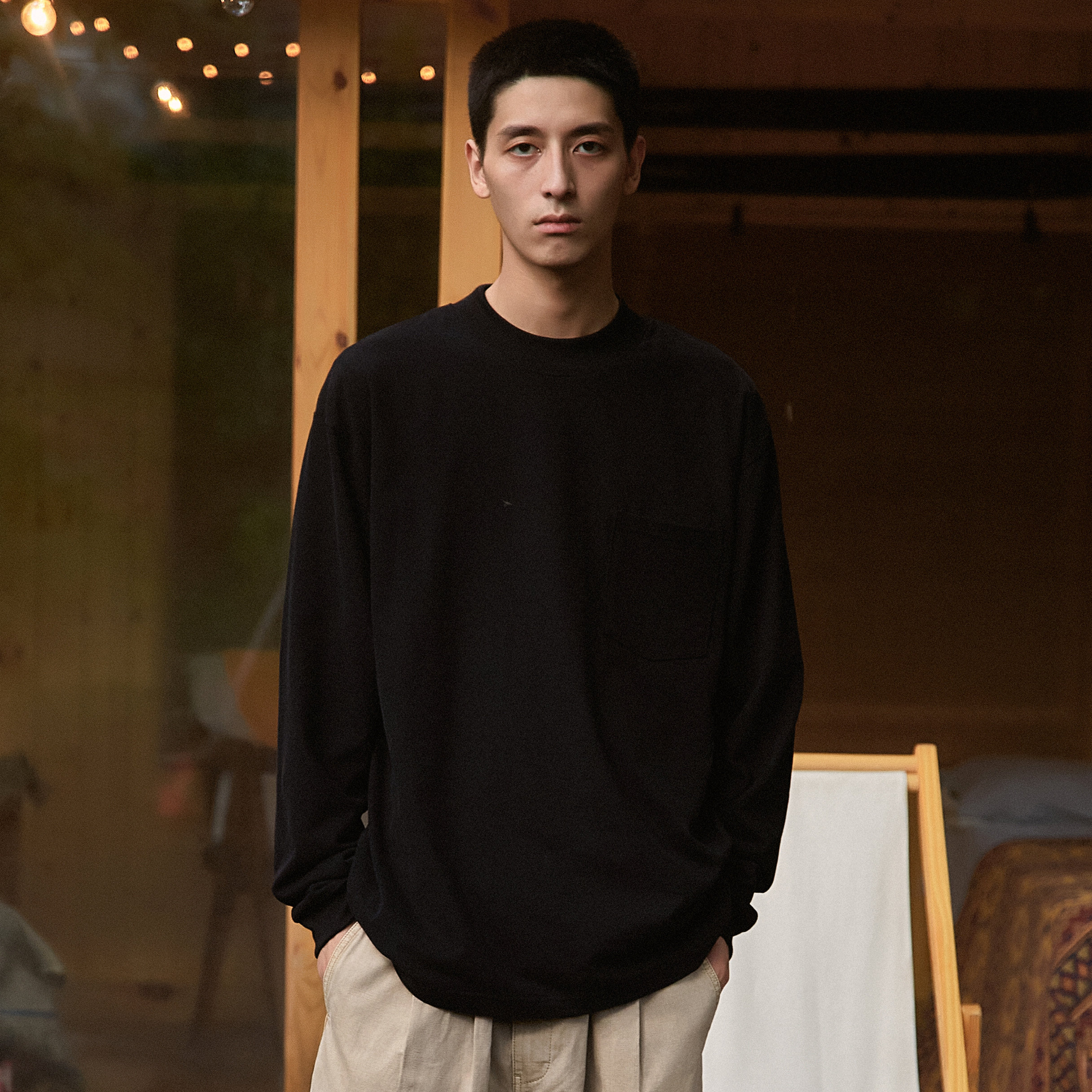 NGOARMY 20FW round neck loose small middle collar multi-color long sleeves all-match Japanese pocket T pure cotton national tide winter