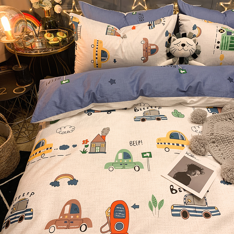 Cartoon pure cotton bed four-piece set 100 cotton children's bedding boy dormitory bed single three-piece set female quilt cover 4