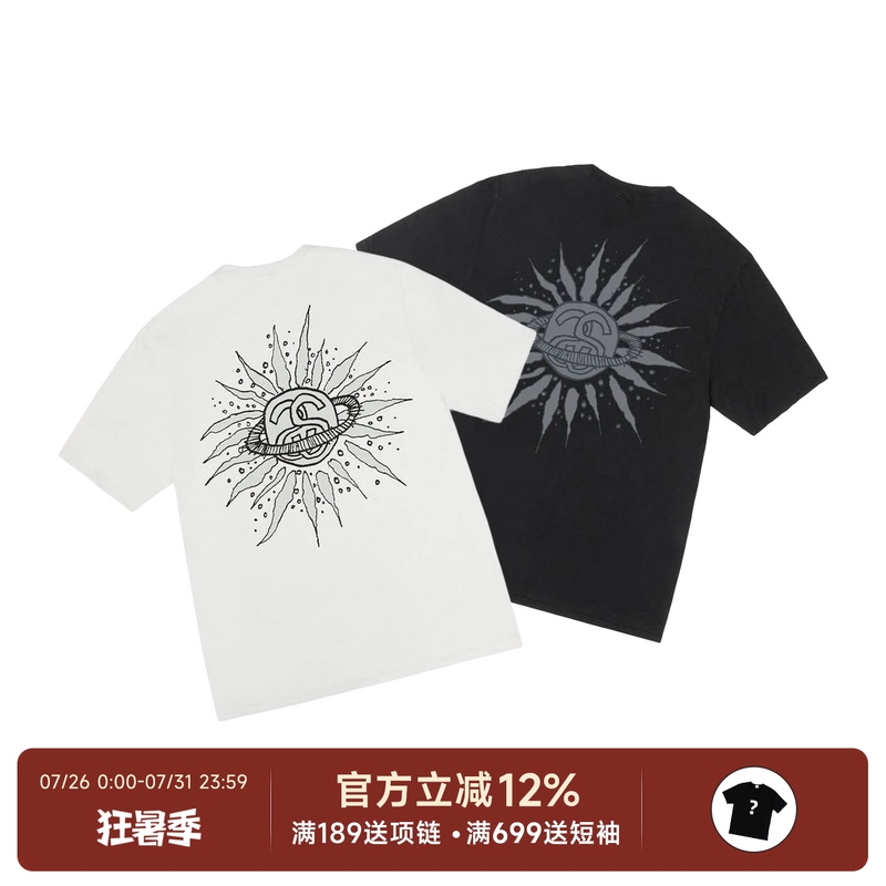 Authentic In-Stock Stussy Look Beyond 25Ss Stussy Sun Logo Washed Short-Sleeve T-Shirt for Men and Women