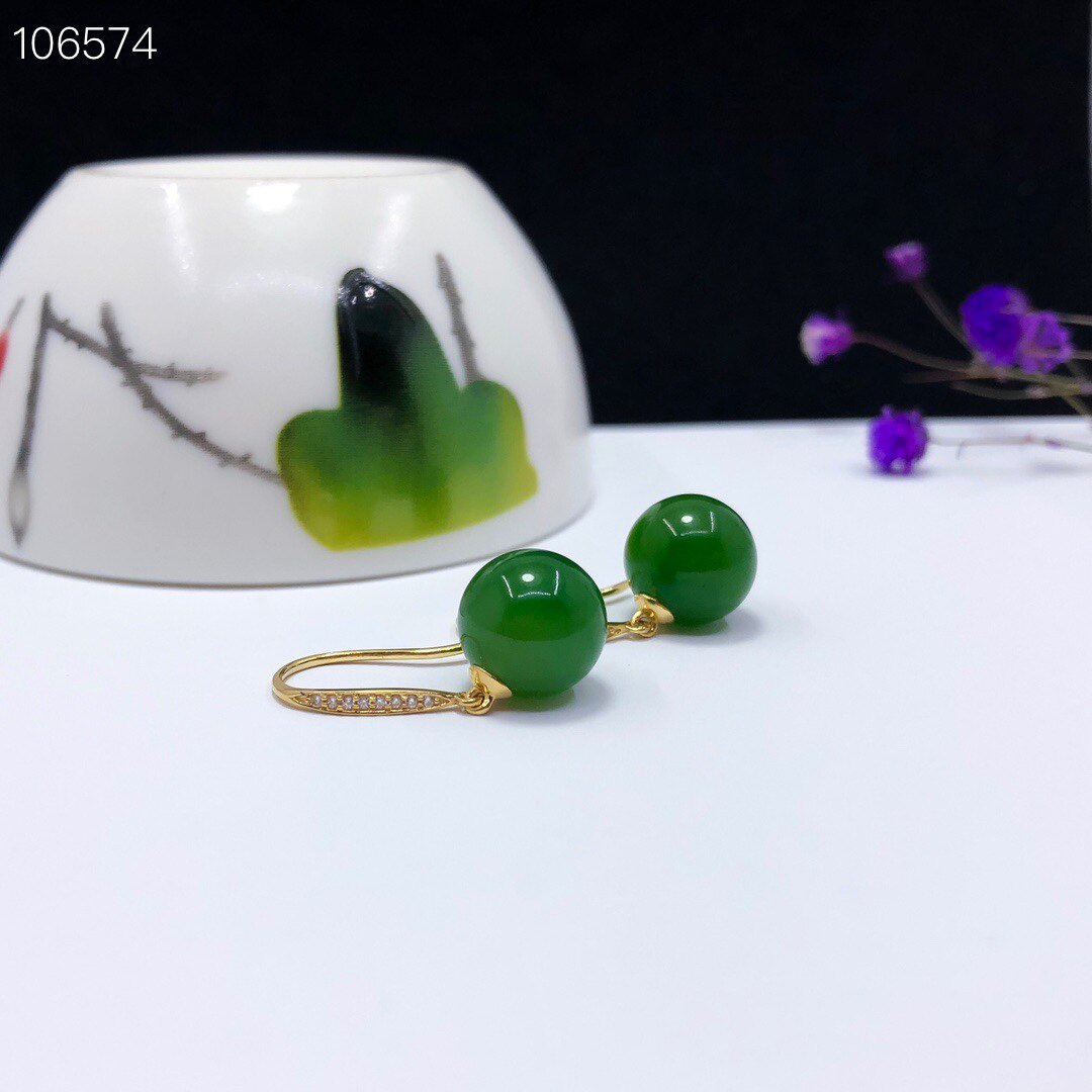 Серьги 18k金天然和田碧玉耳环耳挂百搭厚金羊脂白玉耳勾长版耳炼配证书