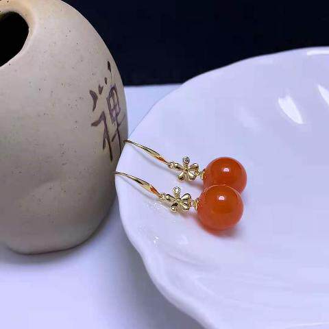 Серьги 18k金天然南红耳环耳挂满肉玛瑙红宝石球球耳钉耳坠女配证书
