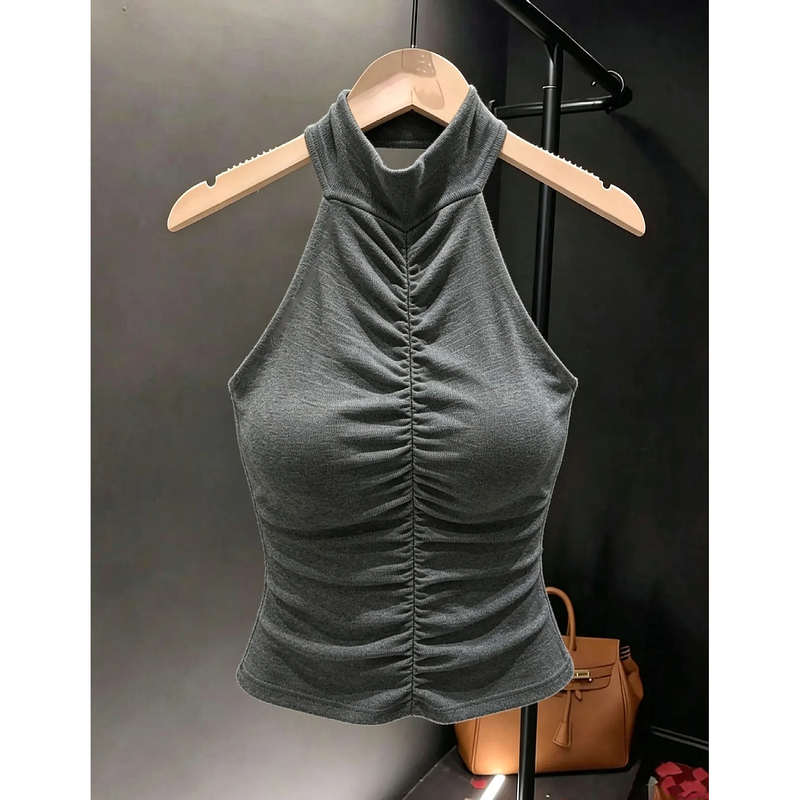 Early Hot Girl Style High-Neck Sleeveless Vest for Women in Autumn and Winter with Cross-Back Design, Slim Fit and Exposed Navel Early Hot Girl Style High-Neck Sleeveless Vest for Women in Autumn and Winter with Cross-Back Design, Slim Fit and Exposed Navel