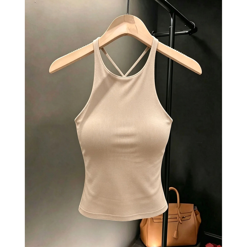 Hot! Sporty Hottie's Off-The-Shoulder Halter Neck Camisole with Beautiful Back, Women's Summer Slim-Fit Short Top with Chest Pads Hot! Sporty Hottie's Off-The-Shoulder Halter Neck Camisole with Beautiful Back, Women's Summer Slim-Fit Short Top with Chest Pads