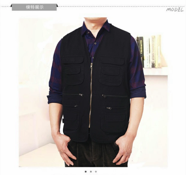 Áo vest nam trung niên và cao tuổi mùa xuân và mùa thu vest cotton nhiều túi chụp ảnh vest cá cỡ lớn vest nam - Áo vest cotton