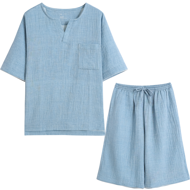2025 Summer New Pure Cotton Double-Layer Gauze Pajamas for Men, Wrinkled Short-Sleeve Shorts, Women's Solid Color Thin Loungewear