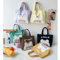 Spring bear canvas Hand bag female student lunch box Bento bag office worker tote bag with baby hand carrying small cloth bag