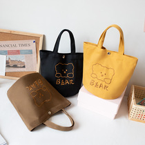 New Bear Canvas Hand bag Womens Rice Bag Korean Embroidery Cute Student with Rice Bag Lunchbox Bucket Bag