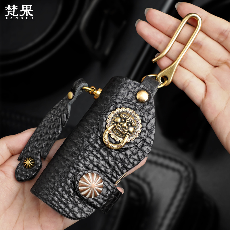 Handmade Thickened Cowhide Car Key Case for Men, Genuine Leather Waist-Hanging Keychain, Personalized Genuine Leather Retro Key Cover, Trendy