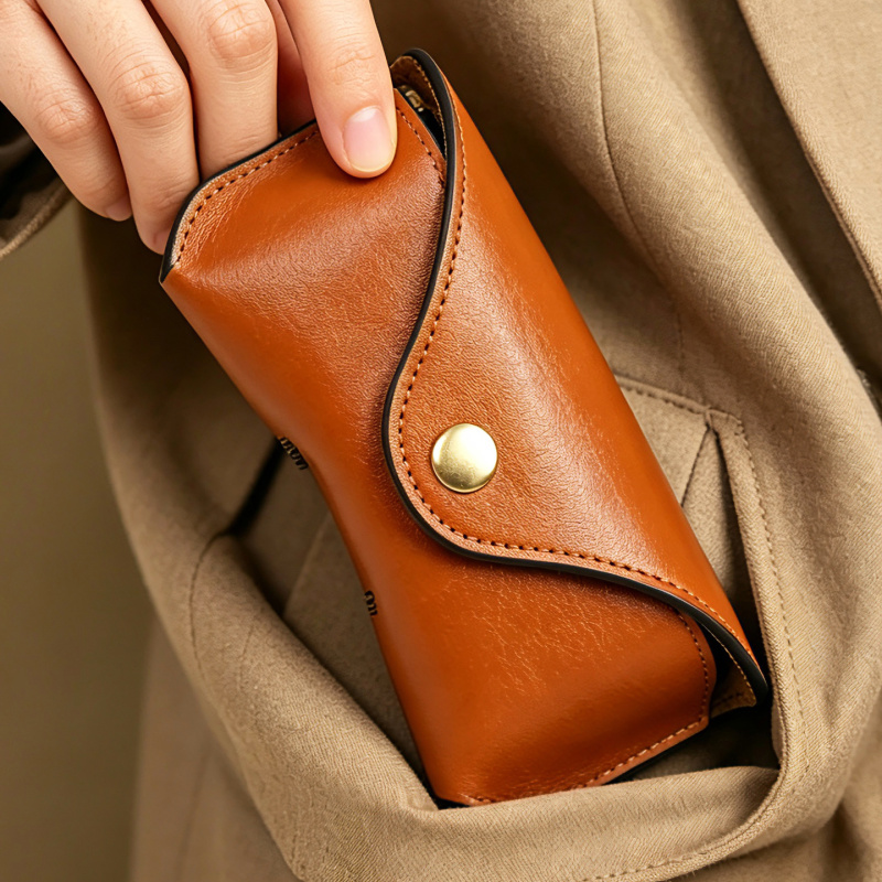 Handmade Vegetable-Tanned First-Layer Cowhide Sunglasses Case for Men and Women, Genuine Leather Thickened Anti-Pressure Glasses Bag, Portable Glasses Pouch