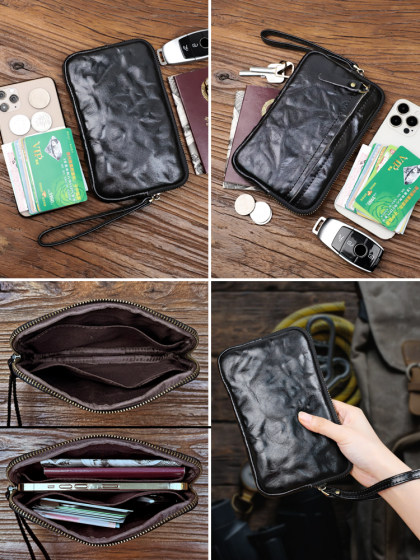 新款真皮拉链大容量钱包男女植鞣牛皮手拿包复古手抓包潮牌手机包