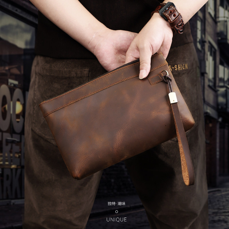 Head Layer Bull Leather Men's Bag New Fashion Handbags Men Genuine Leather Casual Hands Catch Crazy Mappie Retro Hands with Envelope Bag-Taobao