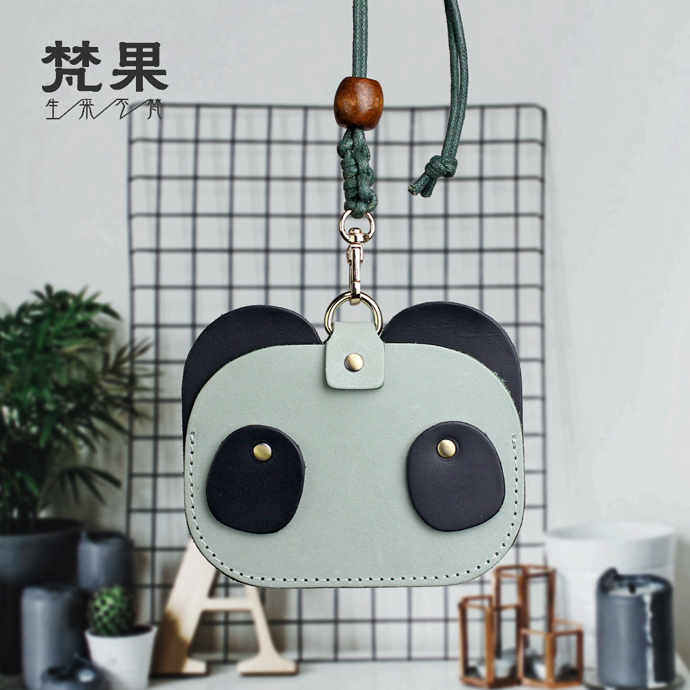 Leather card bag handmade cowhide coin purse multi-functional bus subway campus meal card set cute lanyard card bag tide