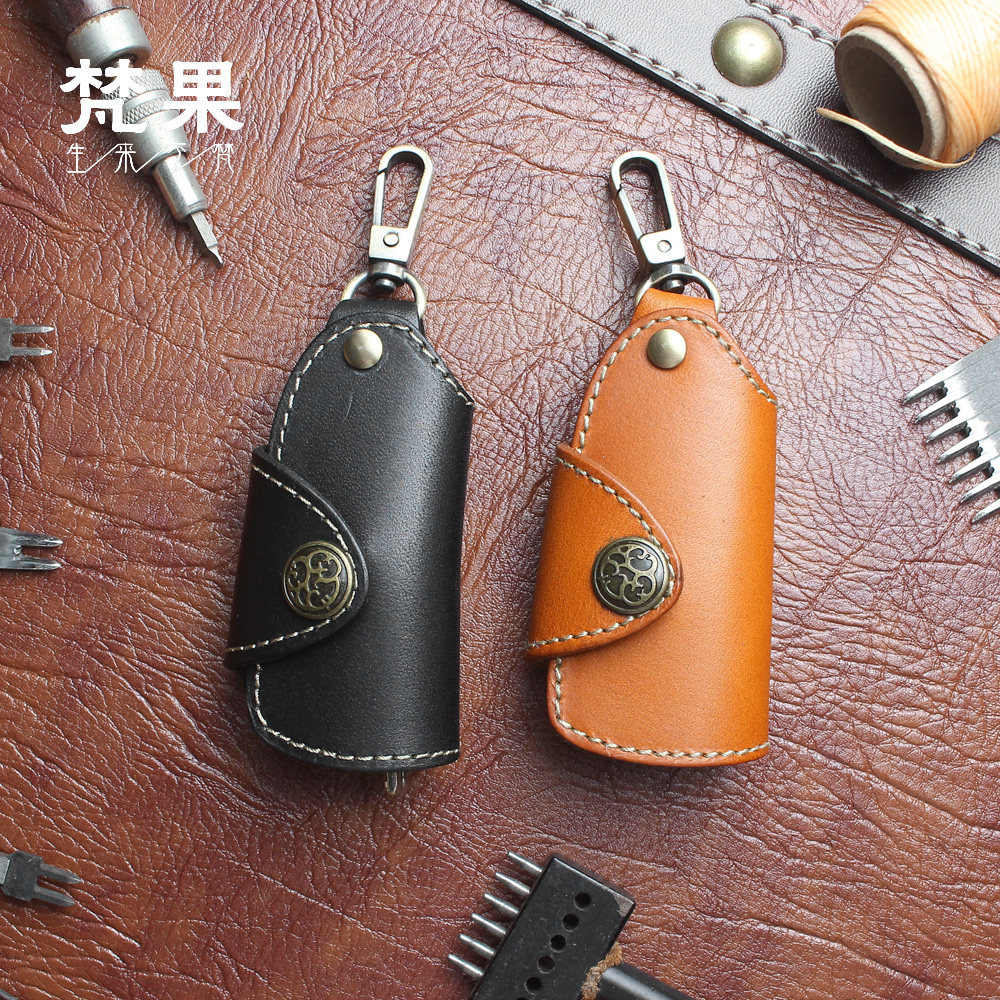 Genuine leather car key wrap head layer cow leather handmade retro key bag retro waist hanging car remote control leather cover universal