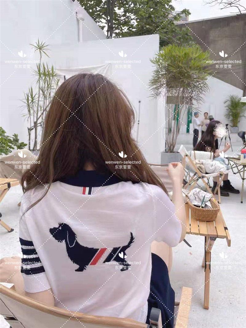 Thom Browne21 summer new TB back puppy jacquard knit shirt Polo collar short sleeve t-shirt woman