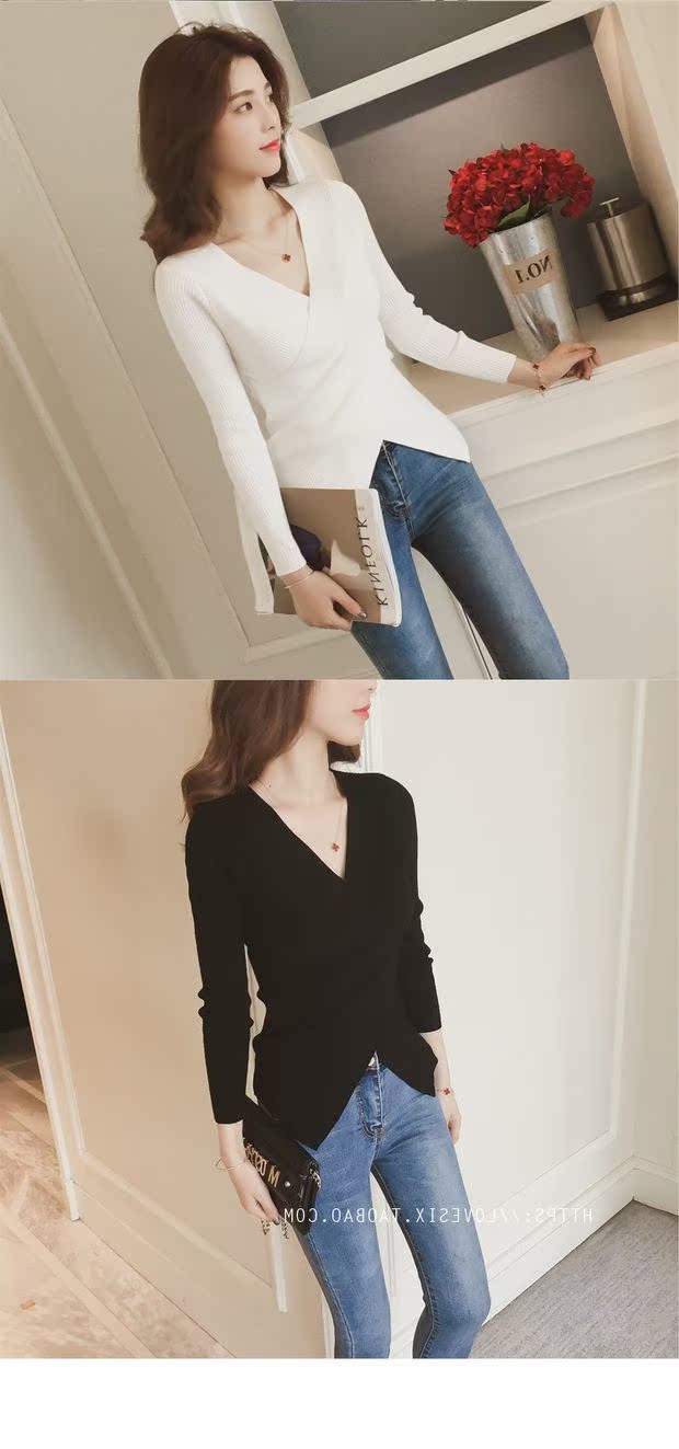 Quần áo thu đông 2018 mới gợi cảm tự canh xòe áo sơ mi xẻ cổ dài tay áo len cổ lọ nữ áo khoác len mỏng