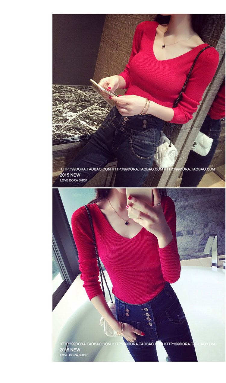 Thu đông mới đôi áo cổ chữ V tay dài bó sát áo sơ mi Slim mỏng co giãn áo len áo len nữ áo khoác len nữ